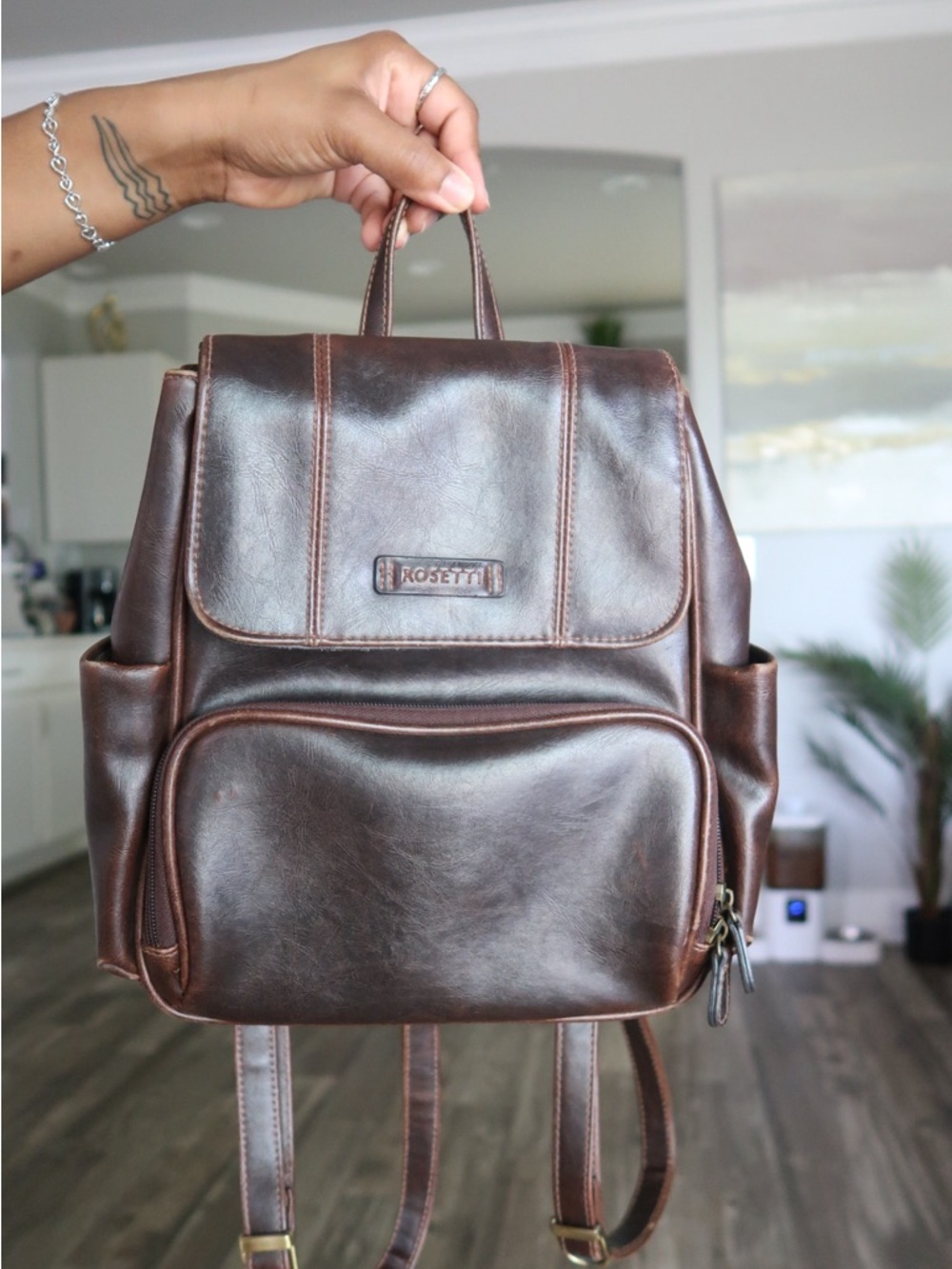 Rosetti Dark Brown Leather Backpack with Front Zip Pocket